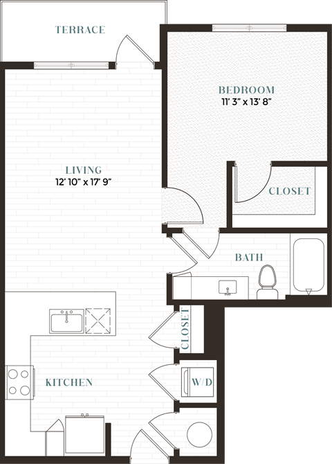 Floor plan for 1 bed, 1 bath, 776 sqft